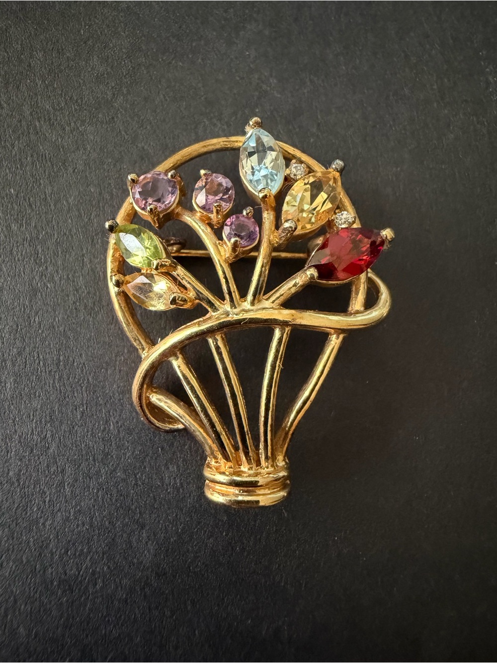 Vintage 925 Sterling Silver Gold Vermeil Multi Gemstone Flower Basket Brooch